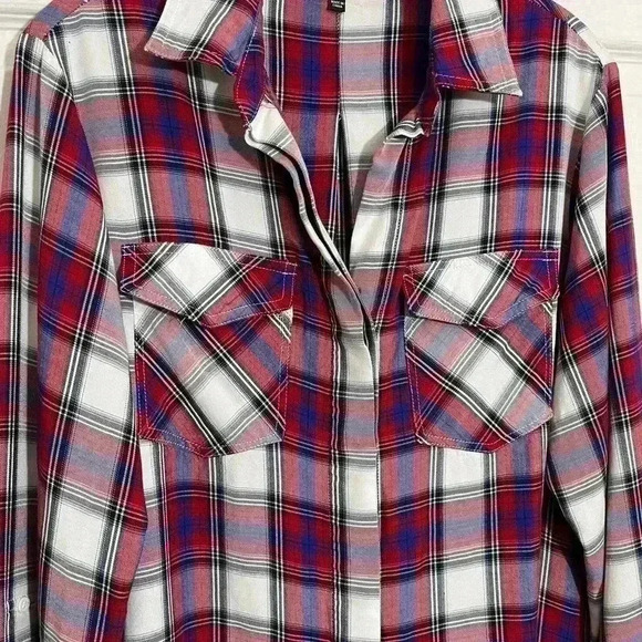 SAM EDELMAN Red, White, and Blue Plaid Woman Button Down | size Large - Picture 10 of 13